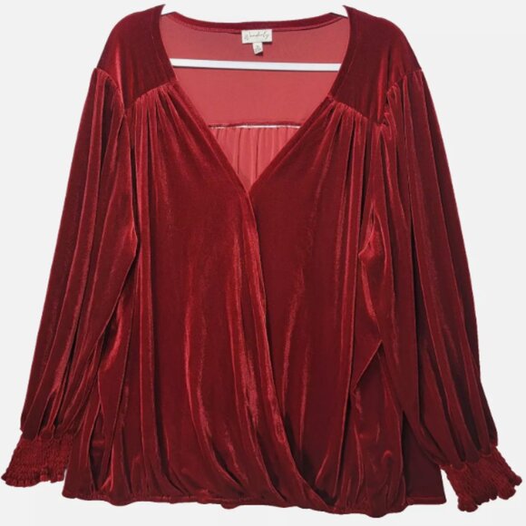 Red Velvet Wrap Blouse Womens 3X Boho Velour Long Sleeve Vampire Gothic Holiday - Picture 1 of 13